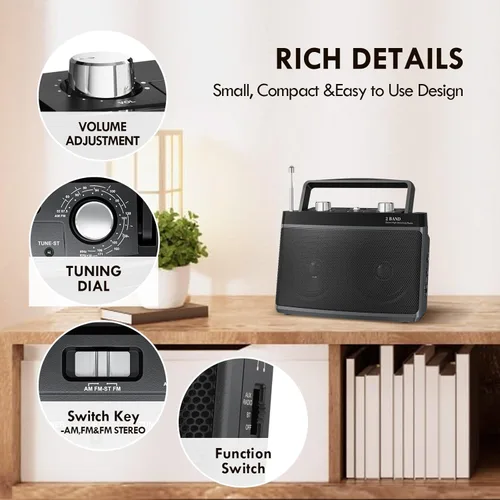 Miniatura 5 de AM FM Radio portátil enchufable de pared o batería para el hogar y al aire libre, fuerte recepción y sonido estéreo, fácil de usar, conector de Negro