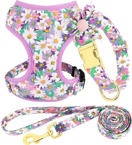 Miniatura 9 de Beirui Collares, arneses y correas lindos para perritas, conjunto - Collar y correa ajustable para perros con flores - Arnés de malla suave