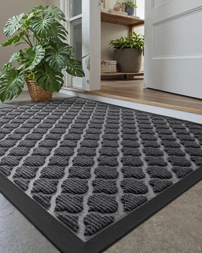 Miniatura 14 de DEXI Tapete para puerta delantera, entrada exterior, 17 x 29 pulgadas, tapete de goma para puerta trasera, resistente, antideslizante de perfil negro