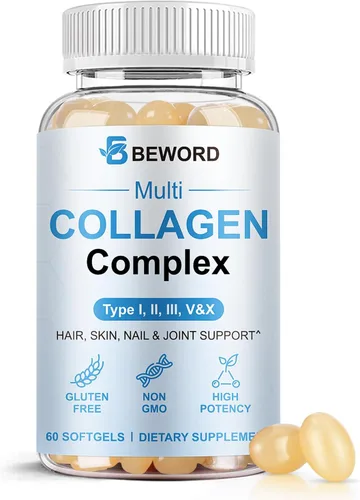 BEWORD Cápsulas blandas de colágeno múltiple para mujeres y hombres, 60 cápsulas – Colágeno hidrolizado tipo I, II, III, V, X con vitamina C y ácido