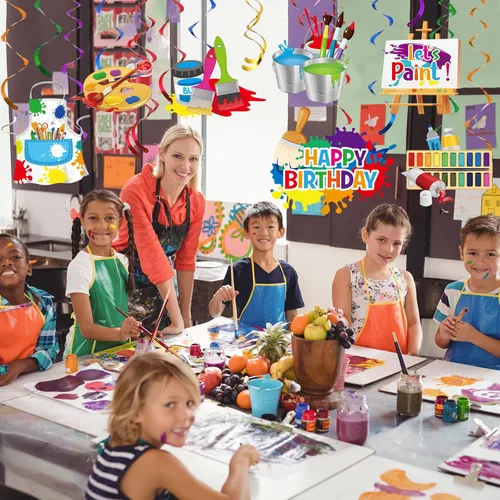 Miniatura 7 de 46 piezas de decoración de fiesta de pintura artística, decoración de techo de remolinos colgantes de cumpleaños para niños, niñas, niños, pintura