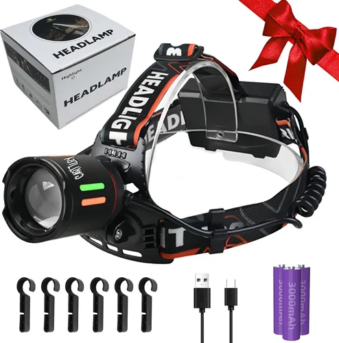 Miniatura 8 de Linterna frontal recargable 150000LM lámpara de cabeza brillante, 40H Cable Tipo-C linterna frontal ajustable para exteriores, 4 modos de luces
