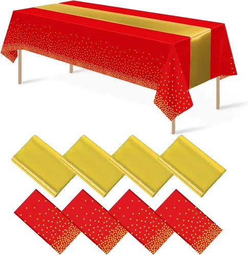 Miniatura 22 de 8 paquetes de manteles de plástico desechables y juego de camino de mesa de satén negro con dorado, mantel de satén dorado para graduación, boda