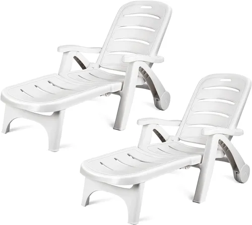 Giantex Tumbona plegable con ruedas, silla de patio al aire libre, tumbona ajustable con ruedas reclinable de 5 posiciones con reposabrazos (2,