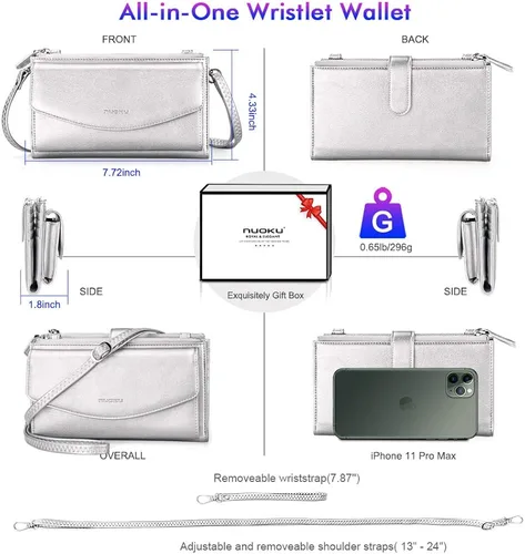 Miniatura 5 de nuoku Pulsera de viaje con doble cremallera cartera RFID para mujer con 2 correas