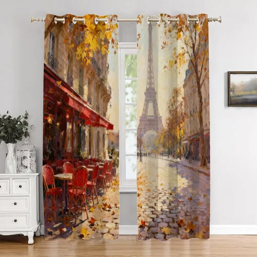 Miniatura 56 de Cortinas opacas de cocina con pintura al óleo de Europa rosa y negra para ventanas, cenefas opacas modernas de torre Eiffel de poliéster multicapa