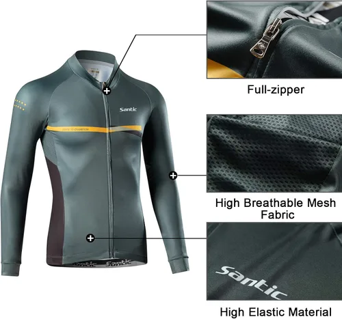Miniatura 4 de Santic - Camiseta de ciclismo para hombre, manga larga, reflejante, cremallera completa, con bolsillos