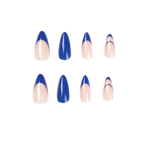 Miniatura 2 de BABALAL Uñas postizas a presión de almendra, uñas postizas de longitud media, uñas acrílicas brillantes, color azul, francesas, con pegamento, 24