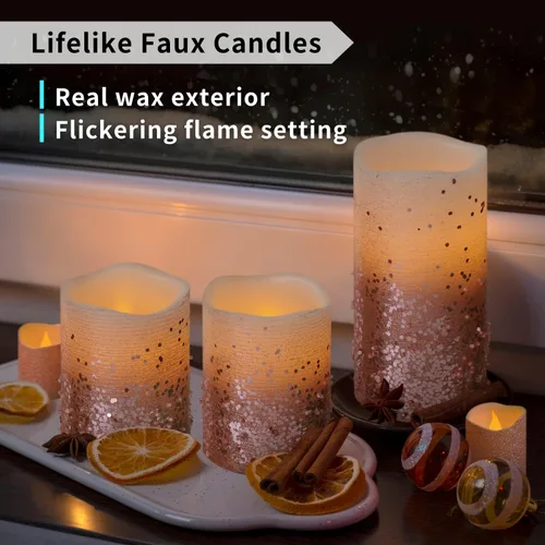 Miniatura 2 de FURORA LIGHTING Velas LED de purpurina rosa con control remoto y temporizador, 4 pilares y 4 votivas, paquete de 8, velas parpadeantes sin llama
