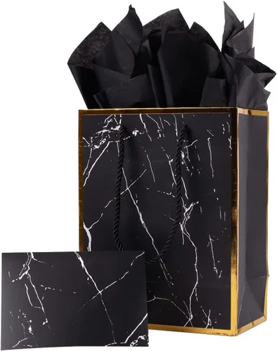 Miniatura 10 de ysmile Marble Black 12" Bolsa de regalo premium de mármol negro con papel de seda para cumpleaños, aniversario, día del Padre Large ancho