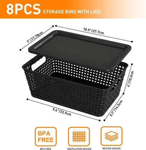 Miniatura 2 de Cestas de almacenamiento de plástico con tapa, contenedores de almacenamiento para organizar, contenedores decorativos apilables para estantes, Negro