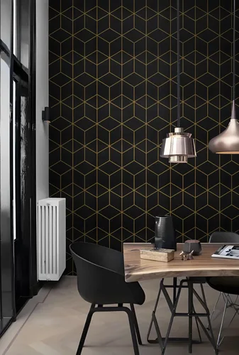 Miniatura 3 de Safiyya Papel tapiz geométrico dorado y negro de 118" x 17.3" Papel de contacto geométrico despegar y pegar Papel tapiz removible autoadhesivo