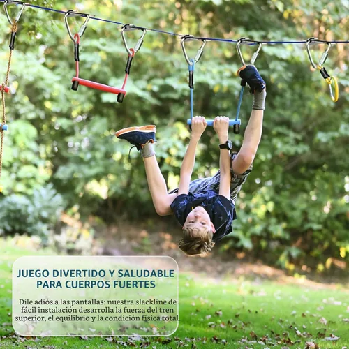 Miniatura 6 de Carrera de obstáculos Ninja Warrior para niños, kit de línea floja de 2 x 56 pies con 8 accesorios ninja, barra de mono, escalera de cuerda, anillo