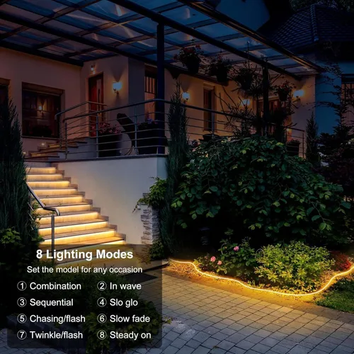 Miniatura 4 de Tira de luces solares de 50 pies para exteriores, tira de luz LED impermeable, encendido/apagado automático, tira de luces recargables de 8 modos