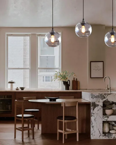Miniatura 4 de Luces colgantes de globo para isla de cocina, paquete de 3 unidades, vidrio soplado a mano, iluminación rústica moderna, burbujas transparentes