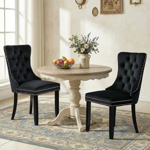 Miniatura 111 de SoarFlash Juego de 2 sillas de comedor de tela de lino, sillas de comedor tapizadas con ribete de cabeza de clavo y patas de madera de color claro