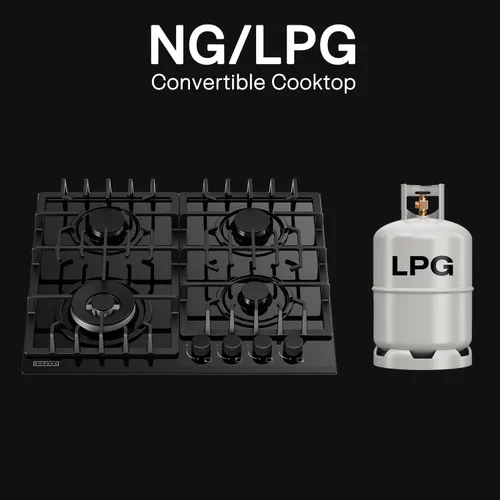 Miniatura 4 de Empava Estufa de gas de 24 pulgadas, 4 quemadores sellados Italia Sabaf de vidrio templado convertible NG/LPG en negro, 24 pulgadas