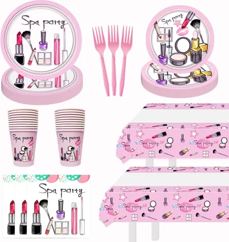 Juego de 122 platos de fiesta de spa, servilletas, tazas, tenedores, mantel, vajilla para niñas, maquillaje, día de spa, suministros de cumpleaños,