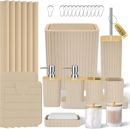 XLHOMO Bathroom Set- 25PC Beige Bathroom Set, Bathroom Set with Shower Curtain and Rugs, Beige Shower Curtain Set, Toilet Brush, Bathroom Trash Can