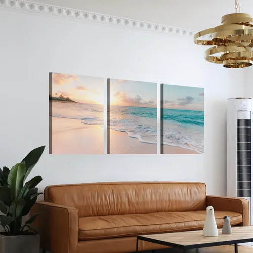 Miniatura 3 de YONICA Lienzo decorativo de 3 paneles para decoración del hogar, mar azul, puesta de sol y playa, pintura, impresión sobre lienzo, paisaje marino