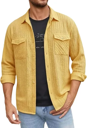 Miniatura 27 de Camisas con botones para hombre, casual, de manga larga, con cuello jacquard, texturizada, ligera, sobrecamisa, sobrecamisa