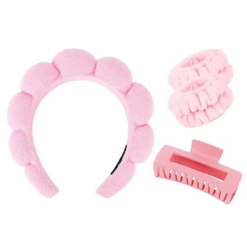 Miniatura 10 de Wecoe Juego de diadema y pulsera para el cuidado de la piel para el cuidado de la piel, pinzas para cabello grueso, esponja hinchada con burbujas