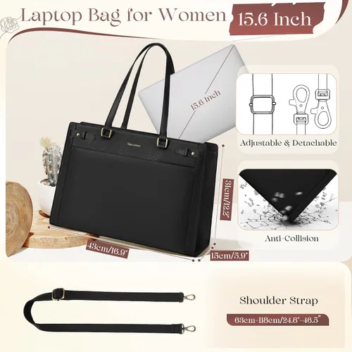 Miniatura 5 de Bolso para laptop RAINSMORE para mujer de 15.6 pulgadas, bolsa de mano y hombro fabricada en cuero vegano PU, impermeable, maletín de diseñador