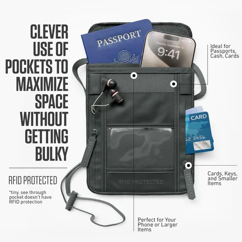 Miniatura 63 de Venture 4th bolsa de cuello de viaje con traba RFID, gris), V4-01-NP-GR