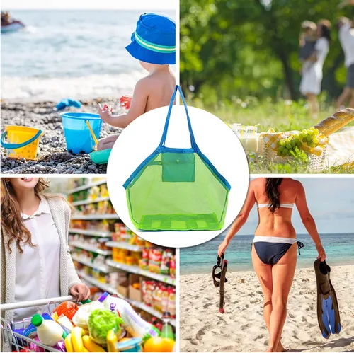 Miniatura 7 de JOYFISCO Bolsa de playa de malla, paquete de 2 juguetes de arena grandes, almacenamiento de conchas de mar, juguetes de playa, bolsa de mano