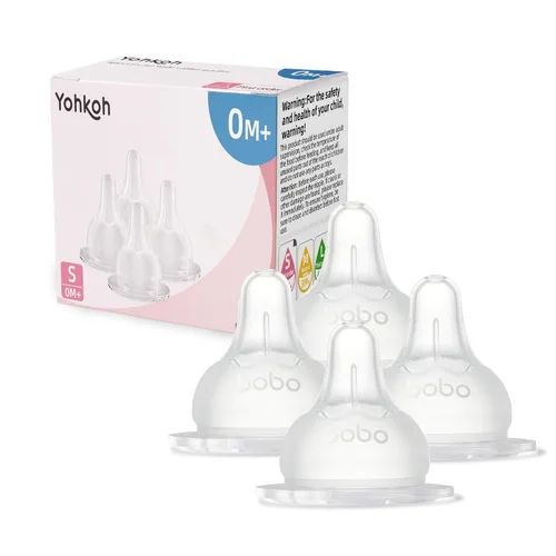 YOHKOH Pezones para biberones para biberones de cuello ancho, pezones de silicona 100% de tacto natural, sin BPA (0.0 ft+, S, 4 unidades)