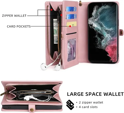 Miniatura 3 de Asuwish Funda de teléfono para Samsung Galaxy S22 Ultra 5G con cremallera, funda desmontable con protector de pantalla y tarjetero de cuero, Rosado