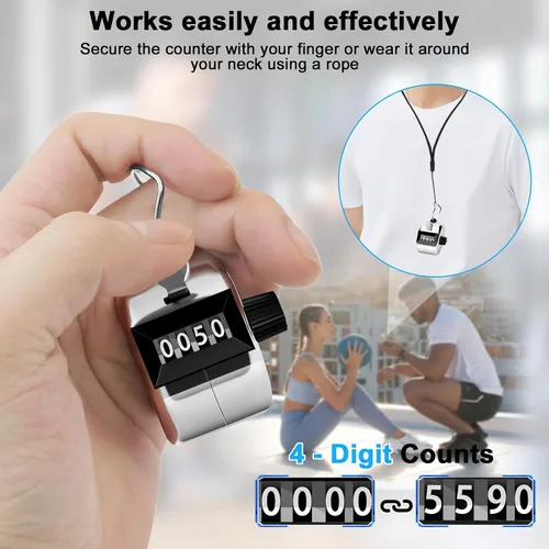 Miniatura 4 de Decymis Paquete de 2 contadores Clicker, Contador manual de Metal, Contador mecánico de 4 dígitos para la palma para contar números, entrenamiento
