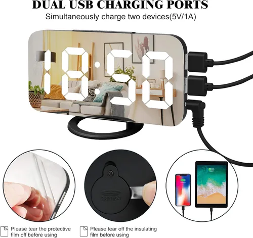 Miniatura 5 de Reloj despertador digital Lamisola, gran pantalla LED con espejo, 2 puertos de carga USB, brillo ajustable automáticamente, relojes modernos