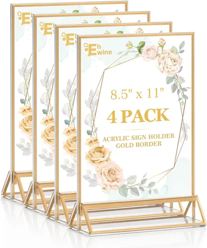 Miniatura 10 de EHWINE Paquete de 12 soportes acrílicos para letreros de 5 x 7 pulgadas, soporte de marco de oro de doble cara, soportes de letreros de mesa