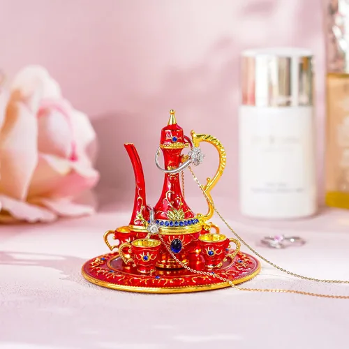 Miniatura 6 de YU FENG Juego de tetera marroquí, caja de joyería con bisagras pintadas a mano, esmalte atesorado, joyero coleccionable, soporte para anillo
