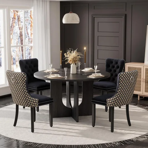 Miniatura 20 de Mesa de comedor redonda de 47 pulgadas para juego de mesa de cocina rústica de 6,7 piezas, mesa de comedor de granja, sillas negras de alta gama