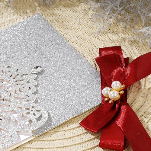 Miniatura 4 de AdasBridal 25 invitaciones de corte láser con purpurina plateada con tarjetas y sobres, diseño de diamante y cinta de lujo con inserto de papel