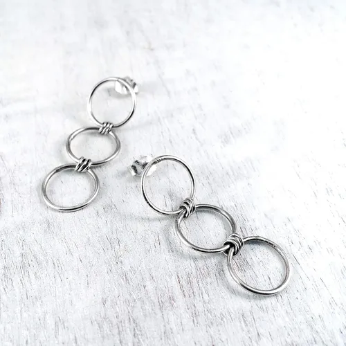 Miniatura 5 de Handmade Sterling Silver 925 Triple Open Circle Link Dangle Stud Post Earrings, Light Weight Three Ring Geometric Design, Polished finish