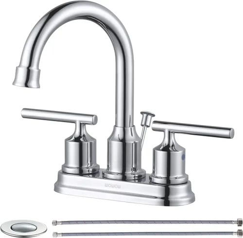 Miniatura 11 de WOWOW Grifo de baño de 2 manijas de bronce aceitado grifo de lavabo de baño de 3 agujeros con drenaje emergente y mangueras de suministro grifo