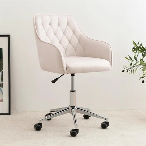 VANSPACE Silla de oficina de terciopelo para maquillaje con ruedas y espalda, silla giratoria ajustable para dormitorio, tocador, color beige