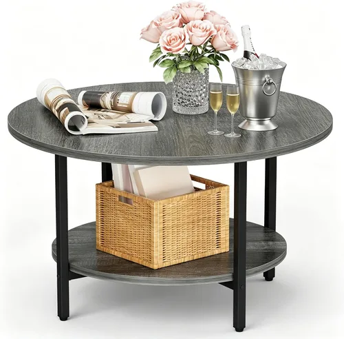 Miniatura 20 de Mesa de Café FAMIDGE, Mesas de Café de 23.6" para Sala de Estar, Mesa de Café Redonda con Marco de Metal, Mesa de Piso para Sentarse en el Suelo