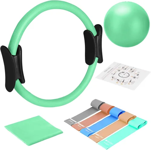 TOPZGLEEY Juego de Anillo de Pilates – Círculo Mágico Antideformación de 14" con Asas Acolchadas, Mini Pelota, 5 Bandas de Resistencia, Guía, Equipo