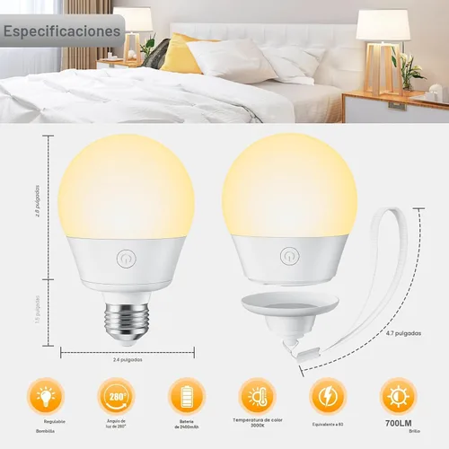 Miniatura 7 de Brightown E26 Bombilla recargable con control remoto y temporizador, bombilla con batería de respaldo para apliques y lámparas, bombillas magnéticas