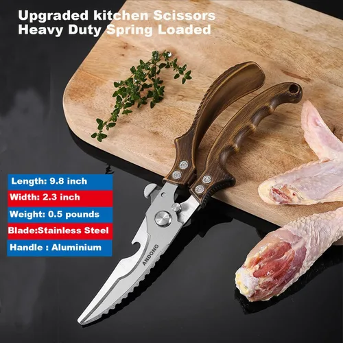 Miniatura 4 de ANDONG Tijeras de cocina – Tijeras de acero inoxidable resistentes para aves, carne y huesos con funda de cuero negro para alimentos Plus