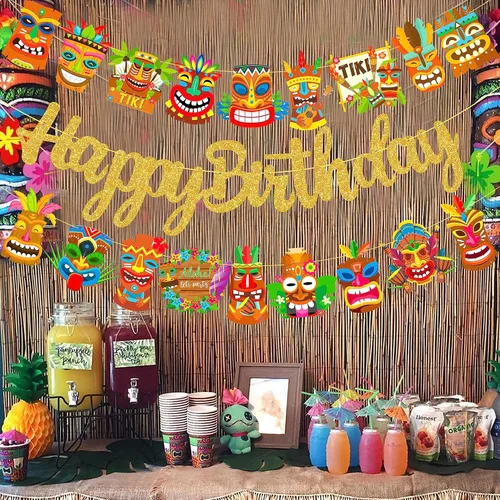 Miniatura 6 de Hawai Luau - Pancarta hawaiana de Tiki para fiesta de cumpleaños, 3 unidades, decoración de fiesta de Aloha para colgar, guirnaldas de Tiki