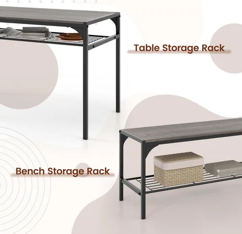 Miniatura 4 de COSTWAY Juego de mesa de comedor de 4 piezas, mesa de cocina y 2 sillas para 4 con banco, estantes de almacenamiento, marco de metal y diseño que