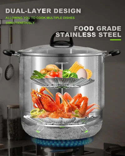 Miniatura 3 de Cesta vaporera de verduras de 2 capas para olla, canasta de vapor de acero inoxidable de alta calidad, canasta separable de acero inoxidable