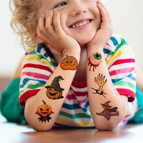 Miniatura 5 de CHARLENT 148 hojas de tatuajes temporales de Halloween para niños, tatuajes individuales de esqueletos de calabaza de Halloween para niños y niñas