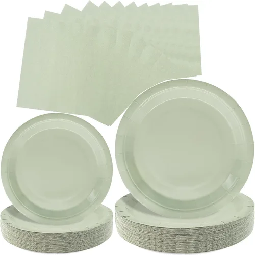 Platos de papel verde salvia, 100 unidades, 50 platos de postre de papel verde salvia + 50 servilletas, platos desechables para fiesta de cumpleaños