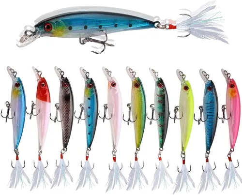 Minnow - Señuelos de pesca de cebo duro realista Swimbait Bass Crankbait 3D Ojos de pesca ganchos agudos plumas intermitentes para lubina, trucha,